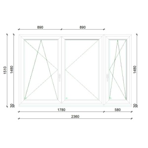 236×148 cm-es 3 szárnyú műanyag ablak – Középen Felnyíló + Bukó–Nyíló  sorolva SCHÜCO CT70