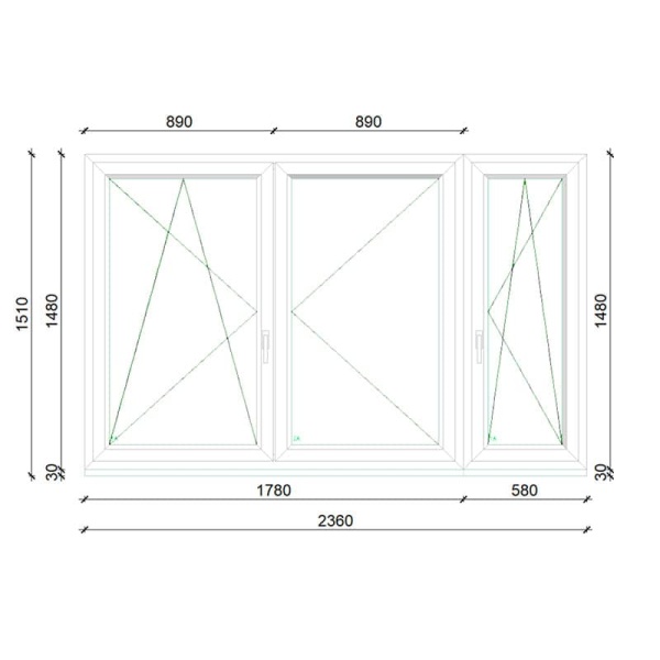 236×148 cm-es 3 szárnyú műanyag ablak – Középen Felnyíló + Bukó–Nyíló  sorolva SCHÜCO CT70 sorolt szerkezet