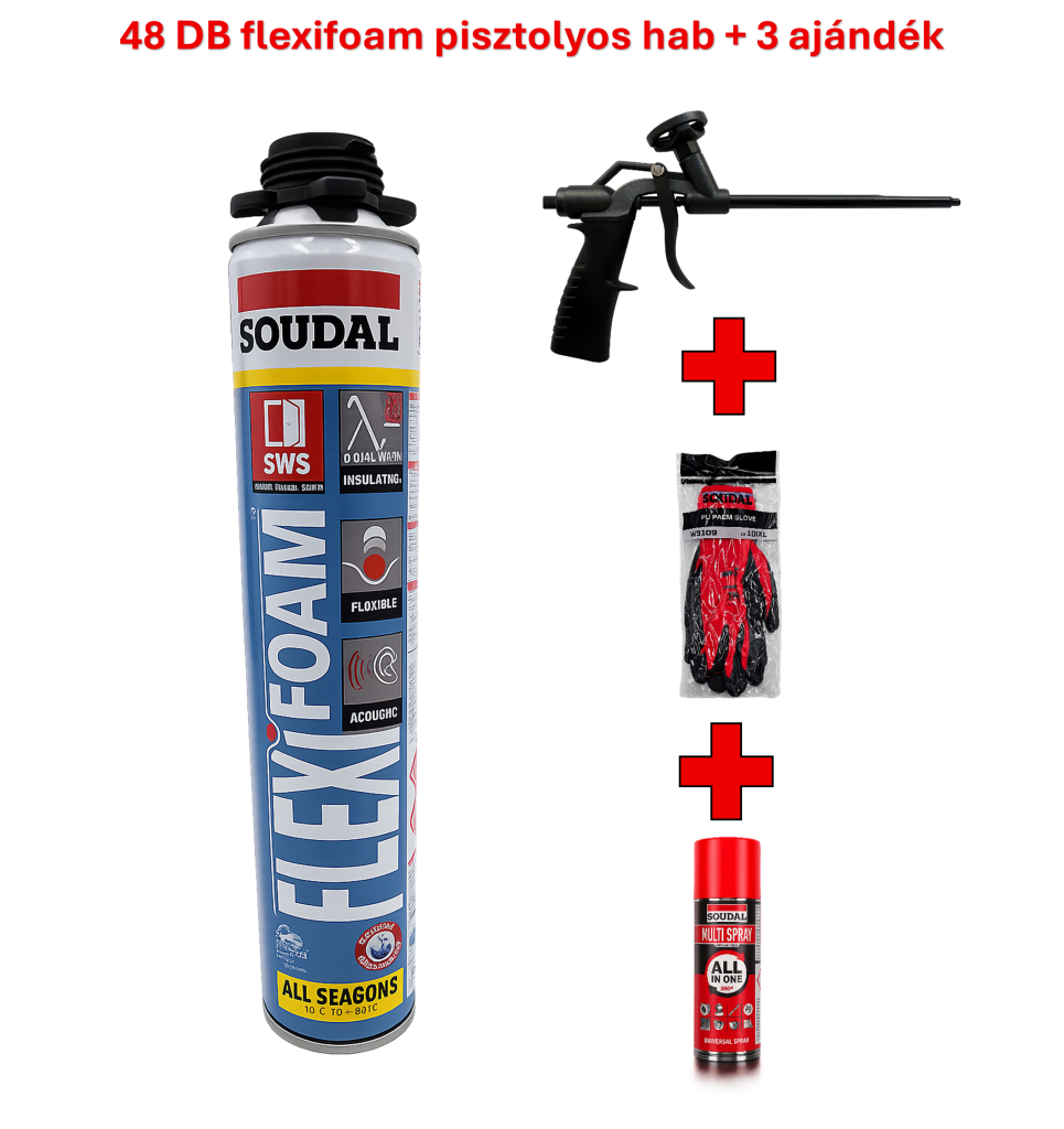 48 db SOUDAL FlexiFoam purhab 750ml 4 évszakos (pisztolyos) + 3 ajándék ...